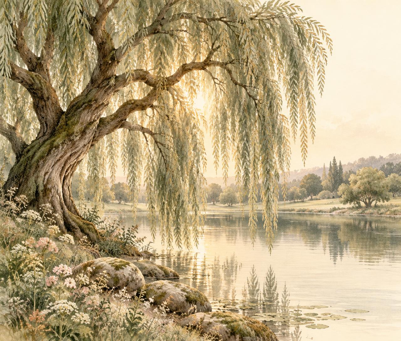 A sunlit willow beside calm water